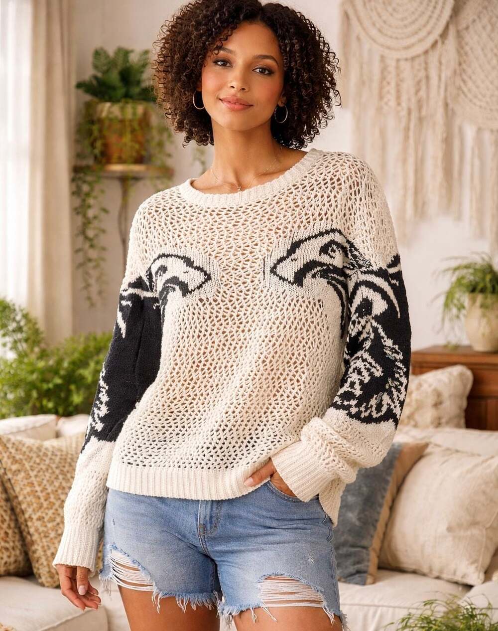 Romeo + Juliet Couture White Open Knit Eagle Sleeve Pullover Sweater